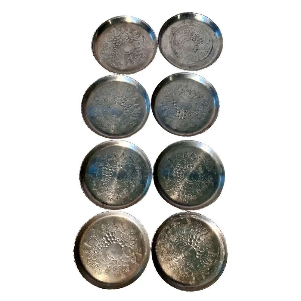 8 Vintage Metal Aluminum Forged Coasters Fruit Flower Pattern Scallop Edge Retro